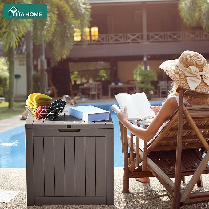YITAHOME 31 Gallon Outdoor Storage Deck Box, Waterproof Resin Package Delivery and Storage Box with Lockable Lid for Patio Furniture Cushions, Pool Accessories, Garden Tools, Taupe