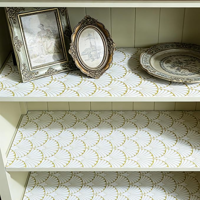 Shelf Liners Non Adhesive Gold Background White Fan-Shaped Pattern - Thickened Non-Slip Easy to Clean Drawer Liner for Kitchen Cabinets, Tool Box,Refrigerator,with Knife & Tape Measure,17in x 20FT.
