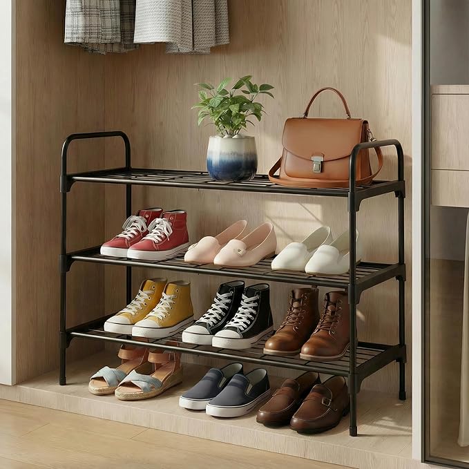 3-Tier Shoe Rack Organlzer, Rustproof lron, Spaclous Shoe Storage Shelf for Closet or Entryway, Fits Sneakers & Slippers, Black