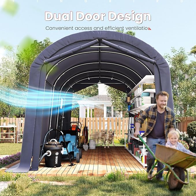 KING BIRD 10' x 20' Round Style Garage Shelter with Roll-up Ventilated Windows Heavy Duty Storage Carport Portable Canopy Storage Shelter Shed for Boat, Patio Furniture and Lawn Mower-Dark Gray