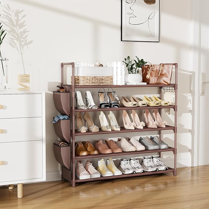 Shoe Rack for Closet Shoe Organizer Space Saver Storage for 20-25 Pair Shoe Shelf with Hook and Side Pocket Free Standing 5 Tier Shoe Rack Organizer for Entryway,Small Spaces, Brown