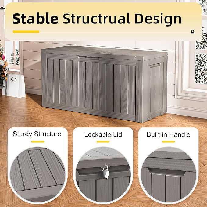 82 Gallon Outdoor Storage Box, Resin Deck Boxes Outdoor Waterproof For Patio Furniture, Garden Tools, Pool Supplies, Lockable And UV Resistant (Striped Gray)