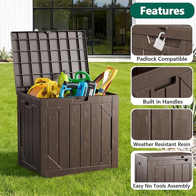 30 Gallon Outdoor Storage Box, Waterproof Resin Deck Box Organizer for Patio Cushion Storage, Lockable Outside Container for Garden Tools