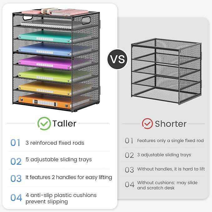 Lavatino 2 Pack 8-Tier Office Desk File Organizer, Letter Tray Paper Organizer with Handle, Including 5 Adjustable Slide Trays for Organizing Desktop Workspace Accessories and Supplies (Black Mesh)