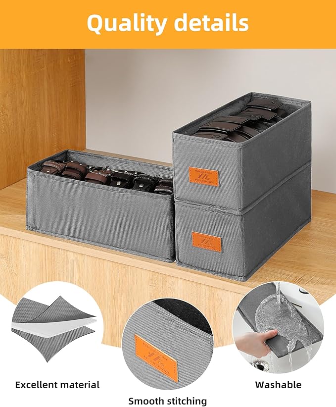 4 PCS Belt Organizer for Closet, 6 Grids Belt Holder, Washable Belt Box, Foldable Tie Organizer for Men, Belt Storage for Drawer (Grey, 13.38inch)