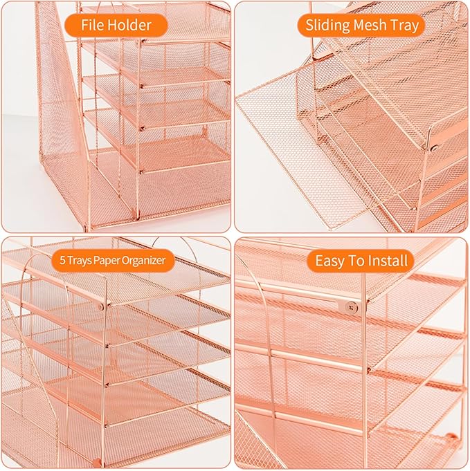 Desk Organizers and Accessories, 5-Tier Paper Letter Tray Organizer with File Holder, Desktop Organizer for Office Supplies (Rose Gold)