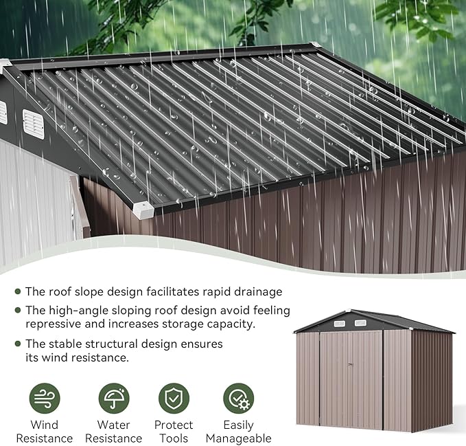 Aoxun 8x6 FT Outdoor Storage Shed Garden Metal Shed with Lockable Door Outdoor Large Shed for Tool, Garbage Can, Bike, Mower, Brown