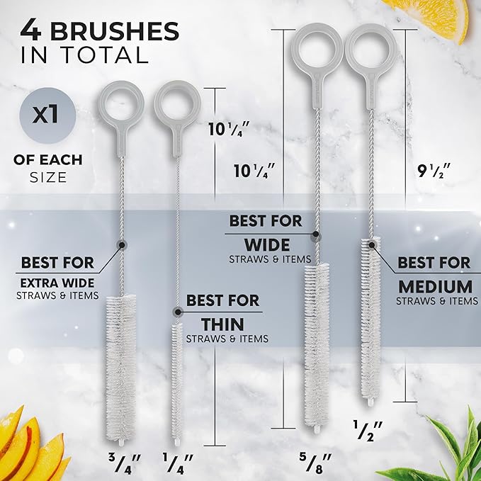 Heavy Duty Cleaning Brushes Set of 4 - Extra Long Straw Cleaners for Metal and Plastic Reusable Drinking Straws, to Clean Small Spaces, Sippy Cups, Water Bottles - Sturdy Hard Brush Bristles