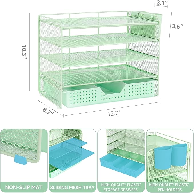 Desk Organizers and Accessories, 5-Tier Paper Letter Tray Organizer with Drawer & 2 Pen Holders, Desktop Organizer for Office Supplies (Green)
