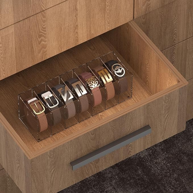 Belt Organizer, Acrylic Belt Storage Holder for The Closet, 7 Compartments Display Case for Tie and Bow Tie
