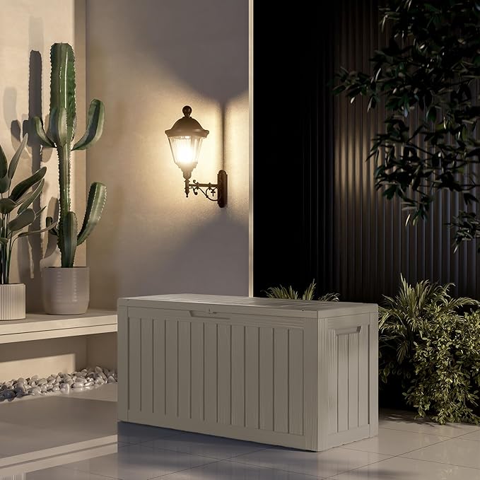 Outdoor Storage Deck Box Waterproof,80 Gallon Lockable Patio Package Delivery Bin as Seat, Resin Storage Container Bench for Furniture Cushions, Pool Accessories, Garden Tools, Grey