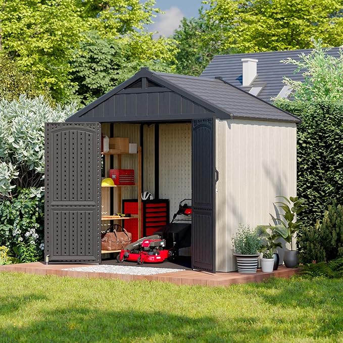 Patiowell 8x6 FT Outdoor Storage Shed, Plastic Shed Resin Garden Shed with Floor & Window & Lockable Door for Patio Furniture, Backyard Tools, Bicycles & Lawnmower, Beige