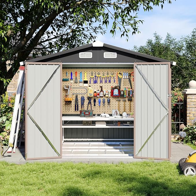 Aoxun 8x6 FT Shed with Base Metal Outdoor Storage Shed Garden Shed with Lockable Doors Tool Shed Bike Shed for Backyard, Patio, Poolside (Brown)
