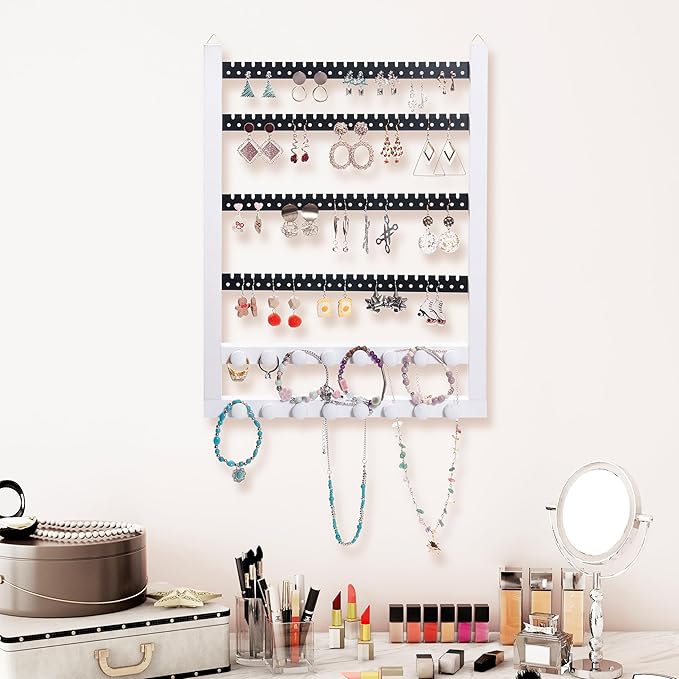 Solid Wood Earring Hanging Jewelry Organizer Wall Mounted Earring Organizer and Necklace Holder- Earring Display for studs, dangling, Necklace, Bracelet, and Rings-White Color