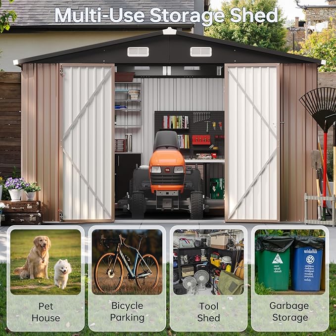 10x12 FT Outdoor Storage Shed, Utility Steel Tool Shed with Lockable Door and Air Vents, Galvanized Metal Shed for Garden Backyard Patio Lawn (10'x12', Brown)