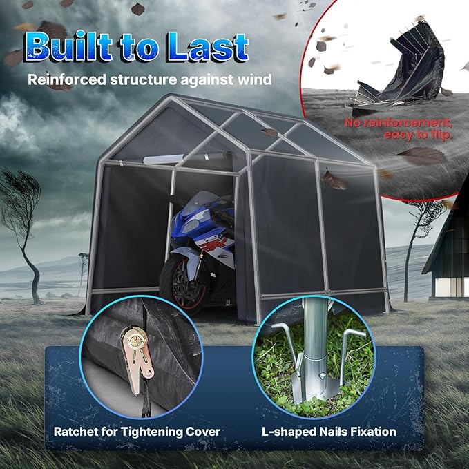 ADVANCE OUTDOOR 8x8 ft Storage Shelter Garage Tent with 2 Roll up Doors & Vents Outdoor Portable Carport for Motorcycle ATV Anti-UV Snow Resistant Waterproof, Gray