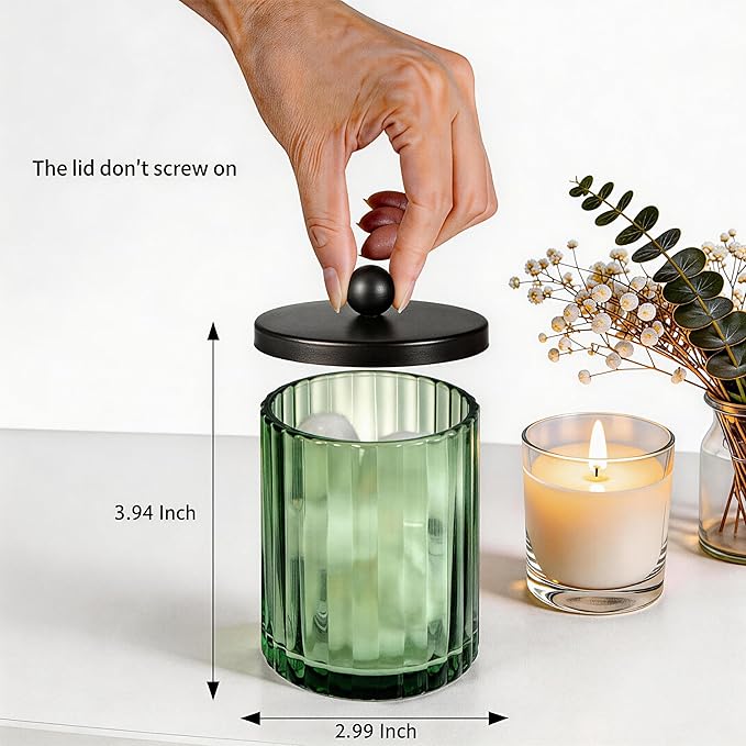 Amolliar Sage Green Glass Apothecary Jar With Metal Lid & Stickers, Bathroom Qtip Holder Dispenser for Cotton Swabs, Balls, Round Pads, Bath Salt, Floss, Countertop Canister Storage, Bronze 2 Pack