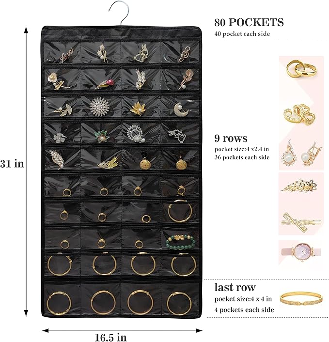 80 Pocket Hanging Jewelry Organizer with Hanger Metal Hooks Storage On Wall Door Closet Double-Sided(Each Side 40 Pockets) Jewelry Holder for Earrings, Necklaces, Rings (4 PACK BLACK)