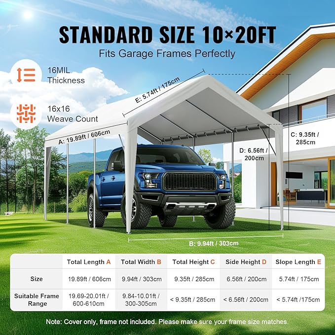VEVOR Carport Replacement Canopy Cover, 10 x 20 ft, Ripstop Triple-Layer PE Fabric Garage Top Tarp Shelter Cover, UV Resistant Waterproof Car Cover Tent for Carports (Frame is not Included), White