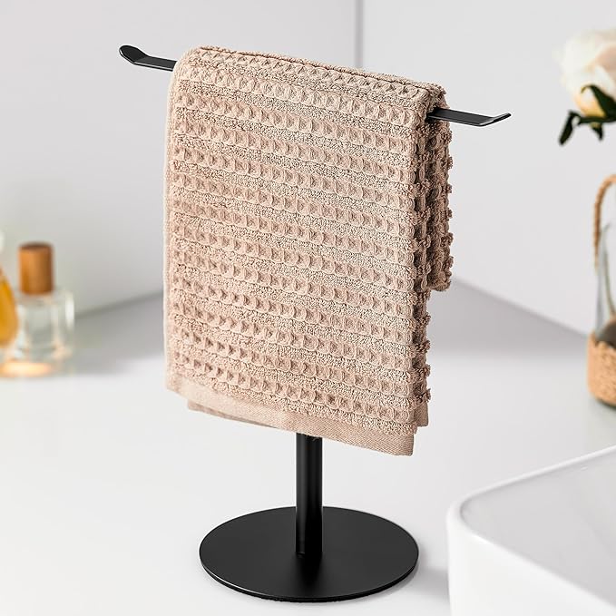 Black Hand Towel Holder Stand – Countertop T-Shaped Stainless Steel Towel Rack with Non-Slip Base for Vanity and Kitchen