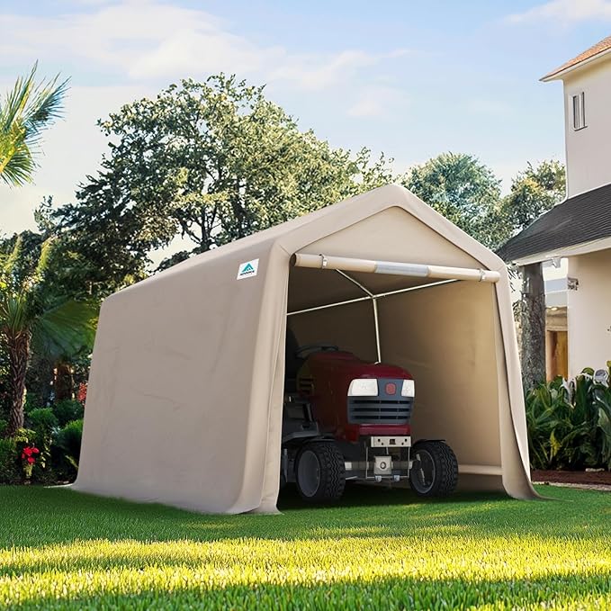 ADVANCE OUTDOOR 8x14 ft Steel Metal Peak Roof Portable Garage Shelter Storage Shed Carport for Motorcycle, Bike or Garden Tools with 2 Roll up Doors & Vents, Beige