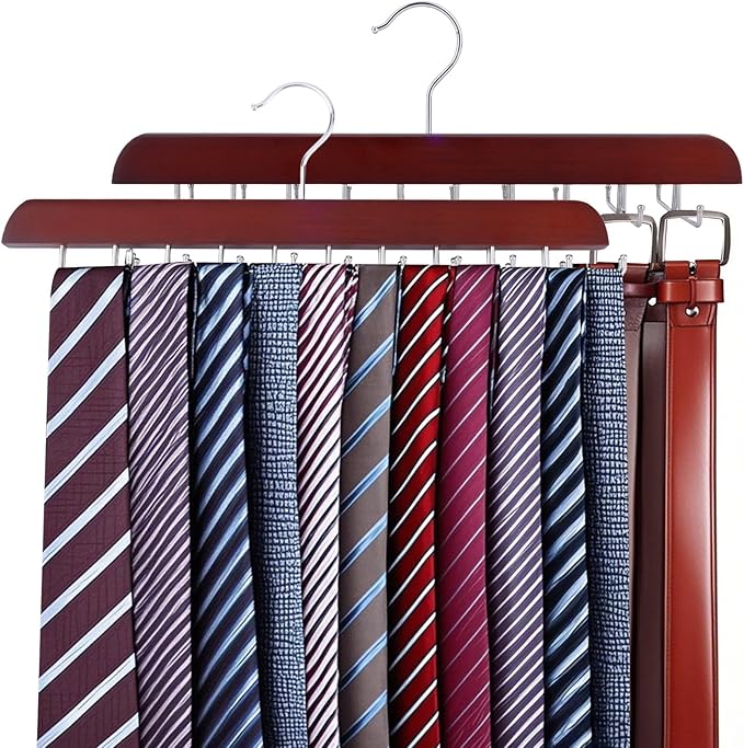 2pcs Red Tie Rack Hanger & Belt Hanger, Stainless Steel Tie Holder Organizer with 20 Folding Hooks Multipurpose 360° Swivel Belt Holder for Closet Storage, Men's Accessories