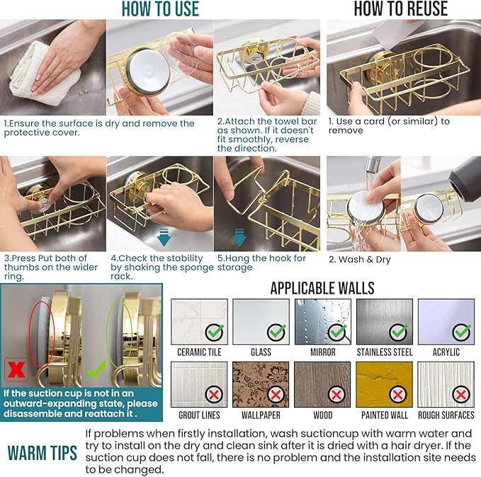 TAILI Sponge Holder with Strong Suction Cup, 4-in-1 Rustproof Sink Organizer - Sink Caddy Holds Sponges, Brushes, Stoppers & Scrapers -Gold