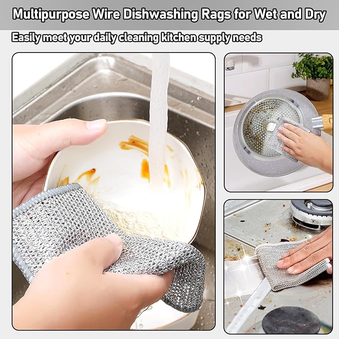 XANGNIER 8 Pcs Multipurpose Wire Dishwashing Rags,New Upgrade Non Scratch Wire Dishcloth,Steel Wool Cleaning Cloths,Multi Purpose Metal Mesh Miracle Cleaning Cloths for Kitchen,Dishes,Sink