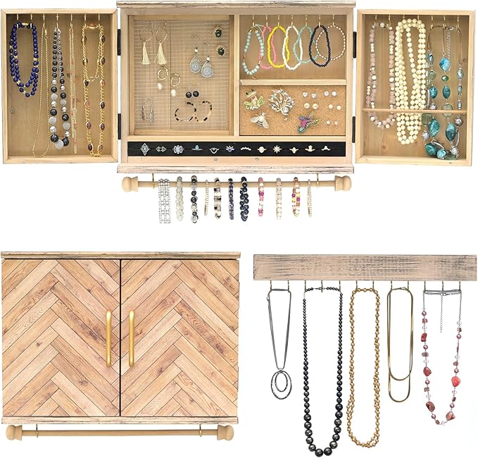 Wall Mounted Jewelry Organizer with Herringbone Wood Pattern. Jewelry holder for Necklaces, Earings, Bracelets, Ring Holder, and Accessories. Includes hooks for hanging jewelry - Brown