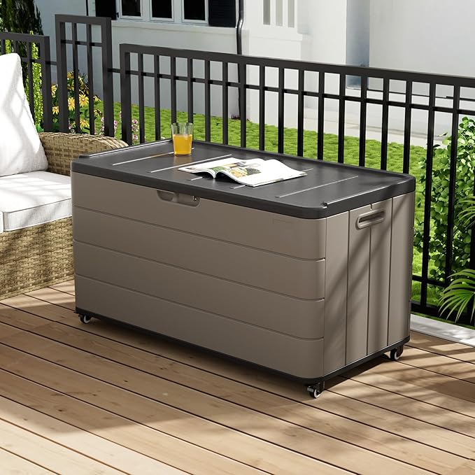 Outdoor Storage Deck Box Waterproof, 110 Gal Wheels Large Lockable Patio Storage Bin Chest, Resin Outside Container Seat Bench for Furniture Cushions, Pool Accessories, Garden Tools & Delivery, Brown