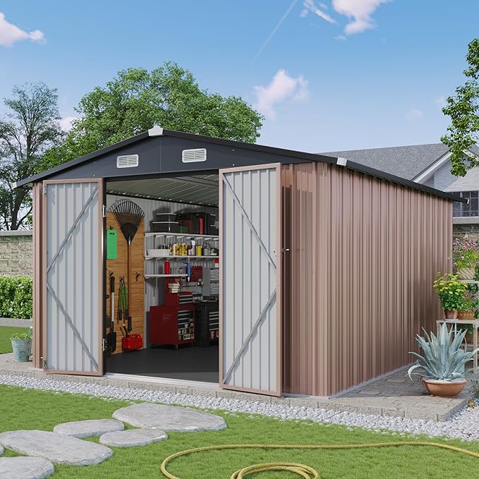 Aoxun 10x12 Shed with Brown Floor Galvanized Steel Outdoor Storage Shed Metal Garden Shed with Moisture-Proof Floor & Ventilation, Sloped Roof for Bike/Generator/Tool Storage (Brown Floor Included)