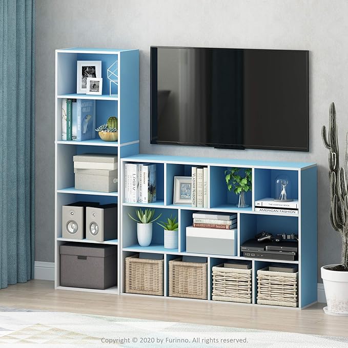Furinno LUDER Book Shelf, 5-Cube Bookshelf, Bookcase with Open Shelf, 9.4 x 15.8 x 52, for Living Room, Bedroom, Home Office, White/Light Blue