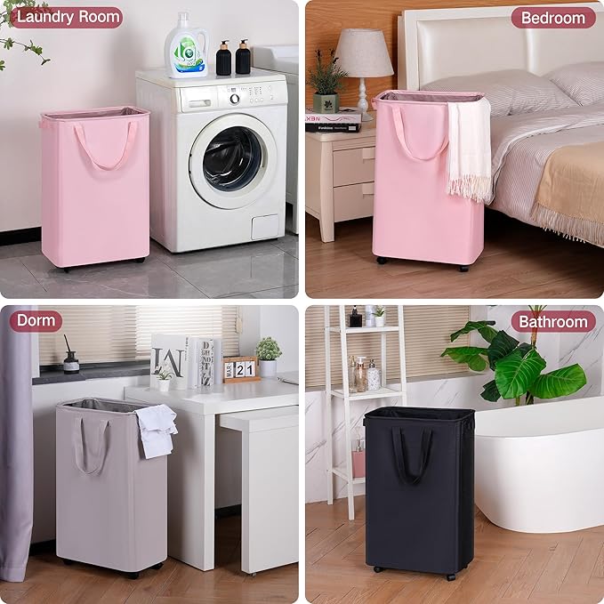 efluky Slim Laundry Hamper with Wheels, Rolling Laundry Basket for Clothes, Small Laundry Basket for Bedroom, Dorm and Laundry Room, 75L (19.8 Gallons) Grey