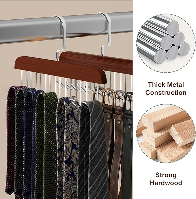 4 Pack Belt Hanger for Closet, Wooden Tie Rack Hangers for Men with 8 Hooks, Space Saving Tie Holder Organizer,Closet Storage for Ties,Belts,Bras,Scarves,Tank Tops
