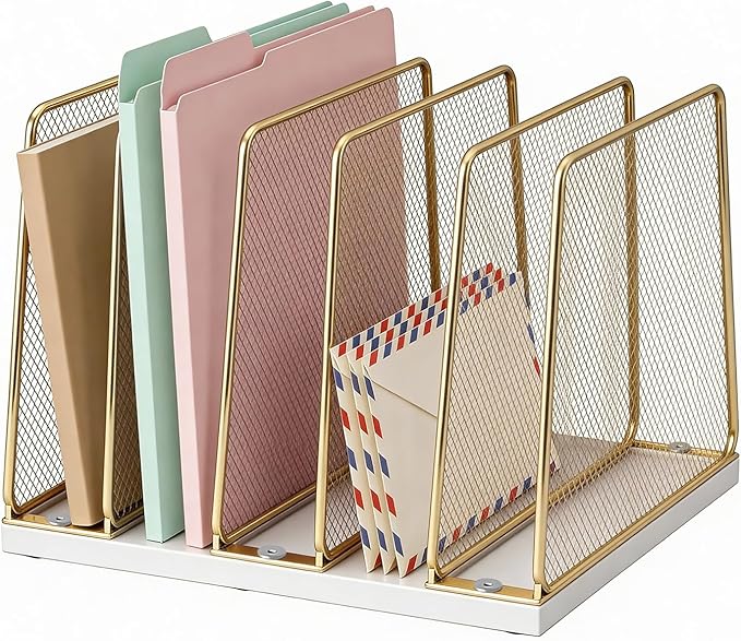 Gold Desk File Organizer, 5-Section Upright File Sorter, Vertical File Folder Holder, Mesh Metal Wood Office Desktop Organization for Document, Magazine, Books and more (White and Gold)