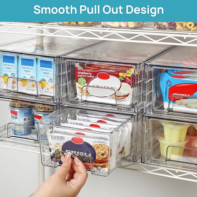 Vtopmart 8 Pack Stackable Storage Drawers,Clear Acrylic Drawer Organizers with Handles, Easily Assemble Containers for Fridge, Bathroom,Kitchen Undersink,Cabinet,Pantry Organization and Storage