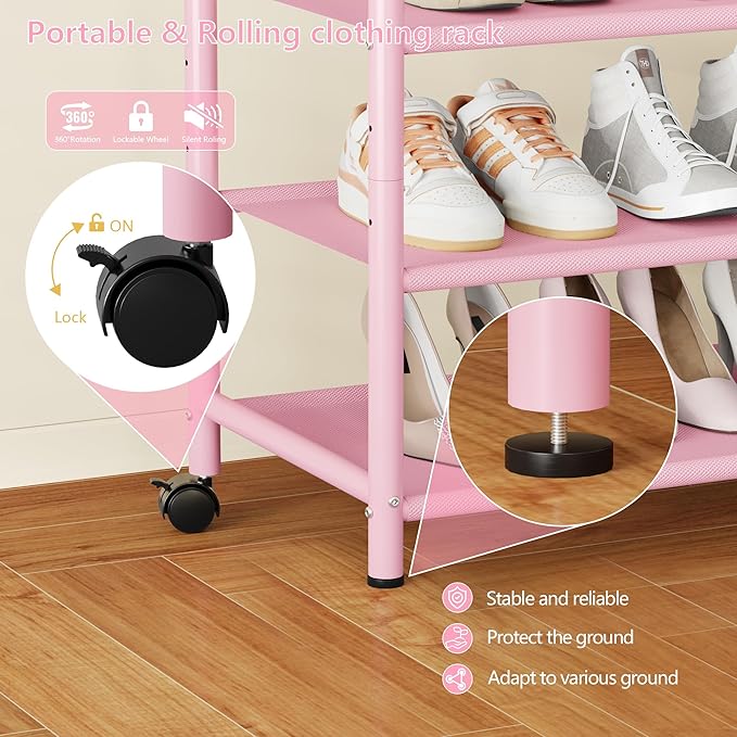 Furologee Pink Clothes Rack, Double Rods Clothing Racks for Hanging Clothes, Rolling Garment Racks with 3-Tier Shelves, Portable Rack with Wheels for Bedroom, Laundry, Living Room
