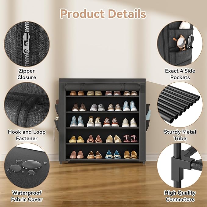 Shoe Rack with Covers 5 Tier Tall Shoe Rack Organizer Large Capacity Shoe Shelf Storage 20-24 Pairs Space Saving Free Standing Shoe Storage Organizer for Closet, Entryway, Dorm, Black
