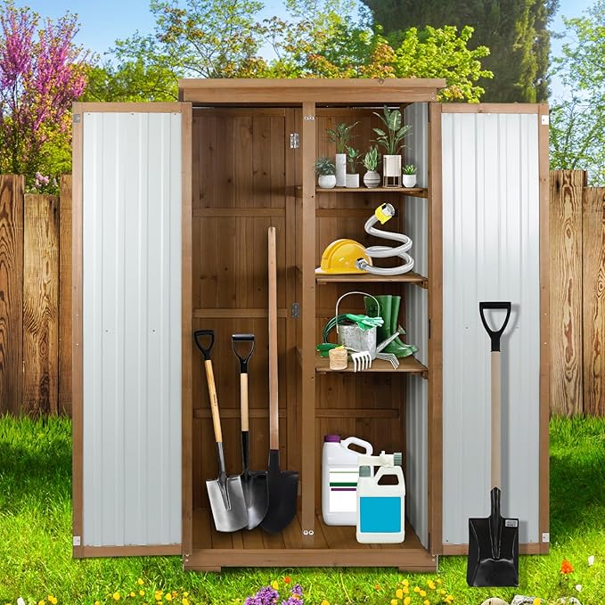 Outdoor Storage Cabinet, Tall Tool Garden Cabinet with Weather-Resistant Roof, Double Lockable Doors, 3 Removable Shelves & Adjustable Feet, for Patio, Garden, Backyard, 32" x 15.5" x 66"