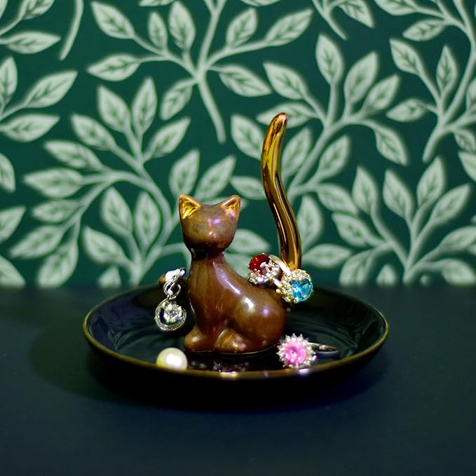 Brown Glazed Plated Gold Ceramic Elegant Engagement Wedding Cat Ring Trinket Dish