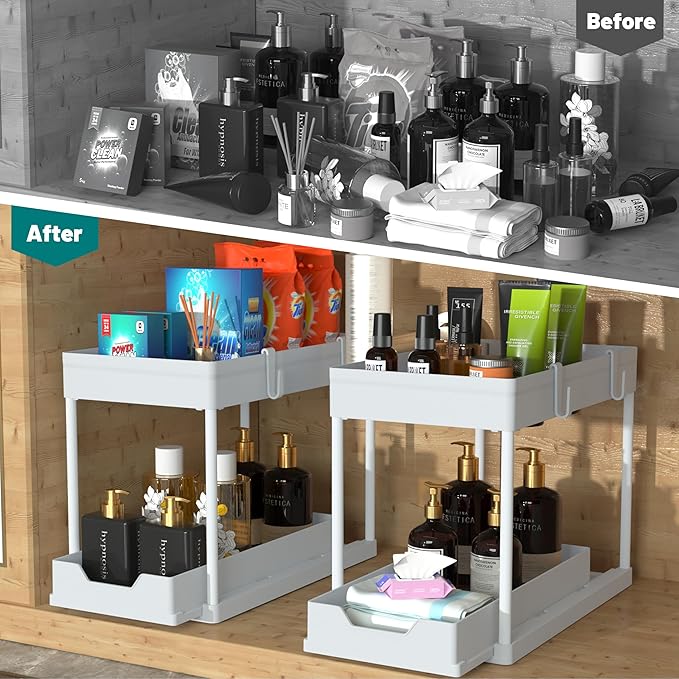DEKAVA Cabinet, 2 Pack Under Sink Organizer, 2 Tier Sliding Bathroom Kitchen Organizer, Large White ABS Baskets, Easy Install & Clean