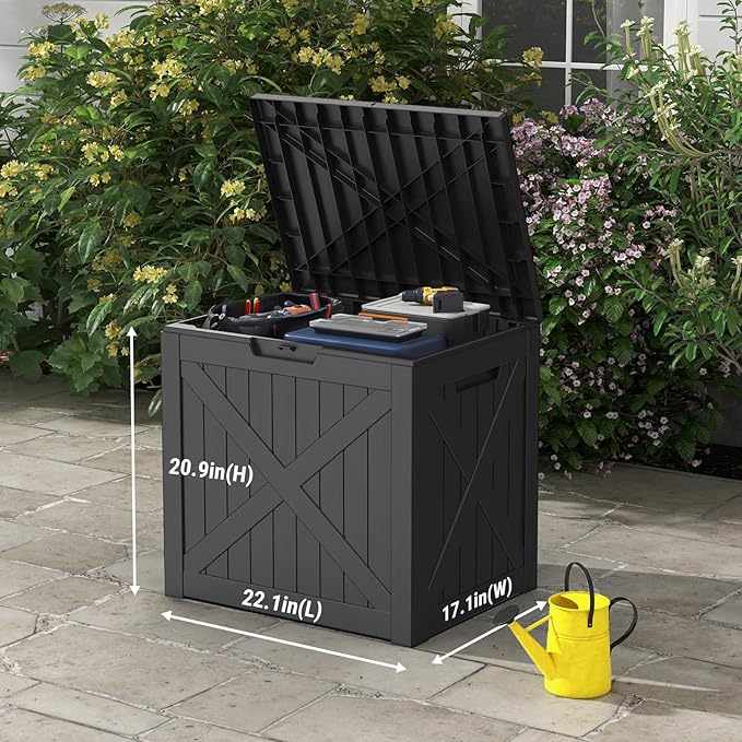 Mars Villa 31 Gallon Barn Style Deck Box, Outdoor Storage Box Waterproof, Lockable Lid, Weatherproof and UV Resistant Resin Storage Bin for Patio Furniture Cushions, Pool Supplies, Garden Tools, Black