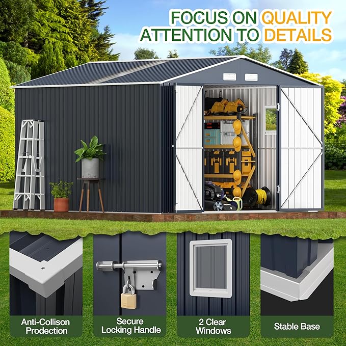 Breezz Outdoor Storage Shed 10 x 12 ft. Utility Tool Shed Metal Storage Garden Shed with Lockable Doors, Windows for Patio Storage, Nightblue