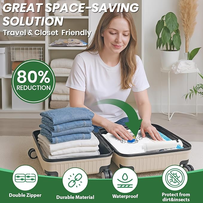 Vacuum Storage Bags,20Pack Vacuum Seal Bags for Clothing,Travel,Clothes,Comforters,Blankets,Pillows-4 Jumbo+4 Large+4 Medium+4 Small+4 Roll Up Space Saving Bag Hand Pump Inclued