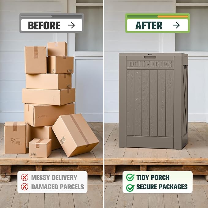 Greesum 52 Gallon Large Outdoor Package Delivery Box for Porch, Lockable Secure Double-Wall Resin Storage Box, Waterproof Deck Box for Package Protection, Light Coffee