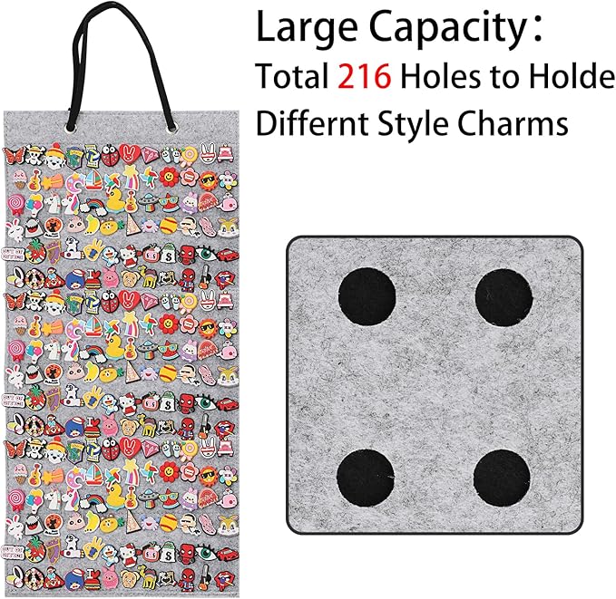 JUXYES Shoe Charms Organizer Wall Hanging Collection Holder With 216 Holes, Portable Decorative Croc Display Hanging Decoration Storage Organizer, Gray