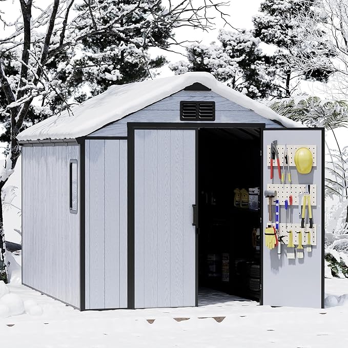 MELLCOM 8 x 8 FT Resin Outdoor Storage Shed with Floor, Outdoor Storage Tool Shed with Windows and Lockable Door, Resin Garden Shed for Lawnmower, Pool Supply, Bike