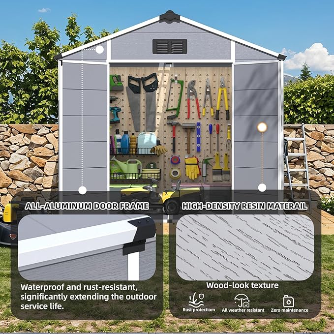 MELLCOM 8 x 6 FT Resin Outdoor Storage Shed with Floor, Resin Garden Shed with Windows and Lockable Door, Storage Tool Shed for Bike, Pool Supply, Lawnmower