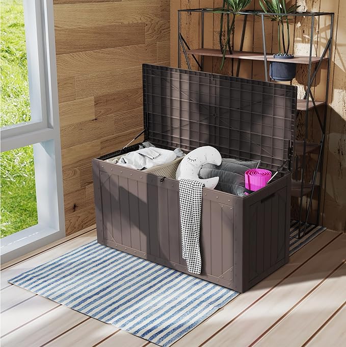 Outdoor Storage Box, 100 Gallon Resin Deck Box Waterproof for Patio Furniture, Garden Tools and Pool Accessories, Lockable UV-Resistant Storage Bin Bench Cabinet for Outside, Brown