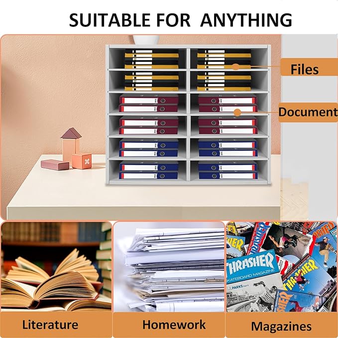 LOYALHEARTDY Literature Organizer, 12 Compartments Paper Storage Cabinet Mail Organizer, 19.3 X 12 X 16 Inch Desktop File Sorter Mail Center Mailbox School Classroom Keepers for Home & Office